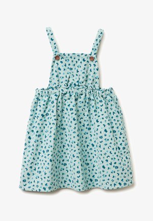 Robe bleu clair avec des bretelles ajustables, ornée d'un motif de léopard bleu foncé ludique, taille élastique et détails en boutons aux épaules.