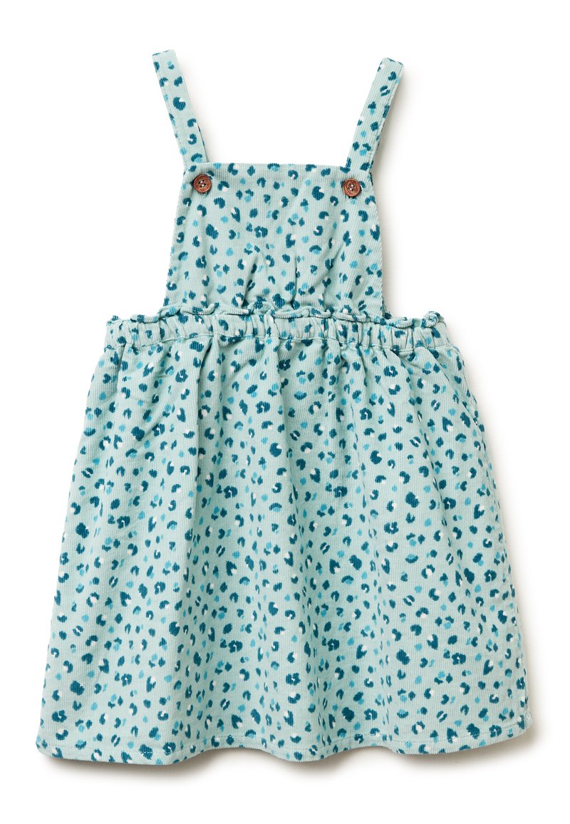Vestido de color azul claro con tirantes ajustables, que presenta un estampado de leopardo en azul oscuro de estilo juguetón, cinturilla elástica y detalles de botones en los hombros.