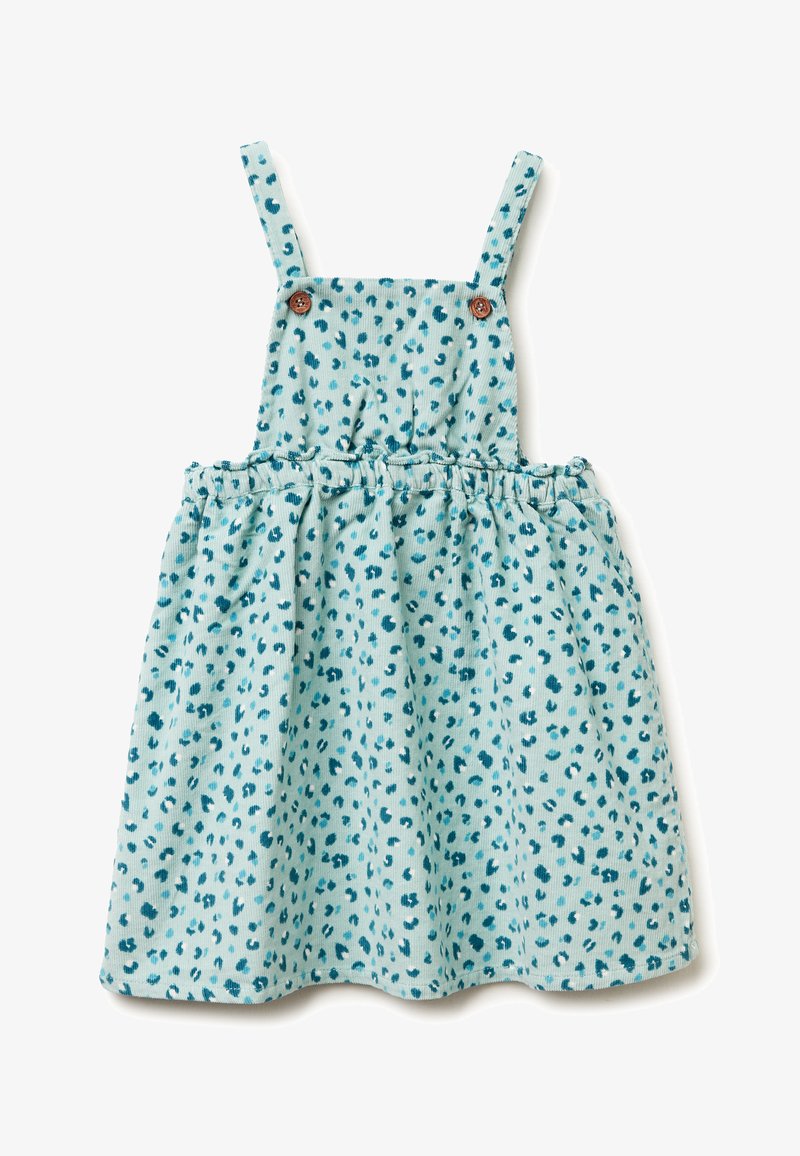 Vestido de color azul claro con tirantes ajustables, que presenta un estampado de leopardo en azul oscuro de estilo juguetón, cinturilla elástica y detalles de botones en los hombros.
