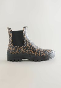 Leopardimustriga pahkluukummi saabas musta elastse külgtahvliga, kummist materjal, tekstureeritud tald ja ümar nina. Vastupidav ja veekindel disain.