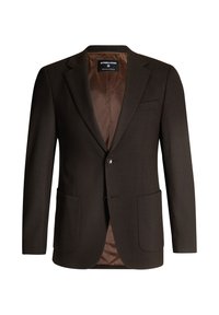 Brauner Blazer mit Reverskragen, zwei Fronttaschen, Einfachknopfverschluss und glatter brauner Innenauskleidung.