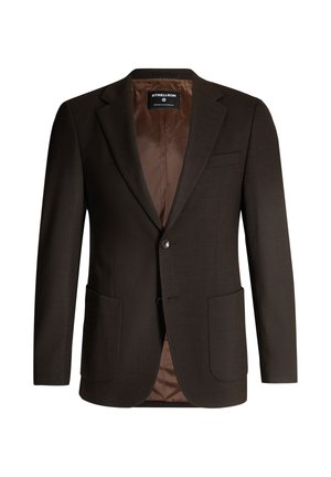 Bruine blazer met een gelapte revers, twee voorkoops, sluiting met één knop en een gladde bruine binnenvoering.