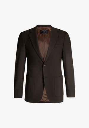 Blazer marrone con rever a scollo, due tasche frontali, chiusura a un bottone e foderato internamente di un morbido tessuto marrone.