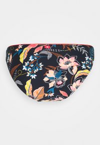 Bas de bikini floral en bleu marine, orné de fleurs et de feuilles multicolores. Tissu lisse avec une étiquette logo rouge sur la taille.