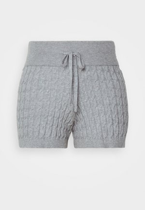 Sive pletene kratke hlače z teksturiranim vzorcem, z ribastim pasom in nastavljivim vrvico. Kratka dolžina, mehak material.