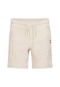 Helle beigen Shorts aus strukturiertem Stoff, ausgestattet mit einem elastischen Bund mit Kordelzug, zwei Seitentaschen und einem kleinen Markenlabel.