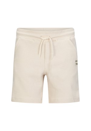 Helle beigen Shorts aus strukturiertem Stoff, ausgestattet mit einem elastischen Bund mit Kordelzug, zwei Seitentaschen und einem kleinen Markenlabel.