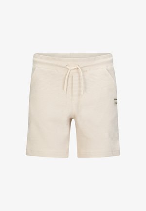 Pantaloni corti color beige chiaro realizzati in tessuto testurizzato, dotati di un elastico in vita con cordino, due tasche laterali e una piccola etichetta del marchio.