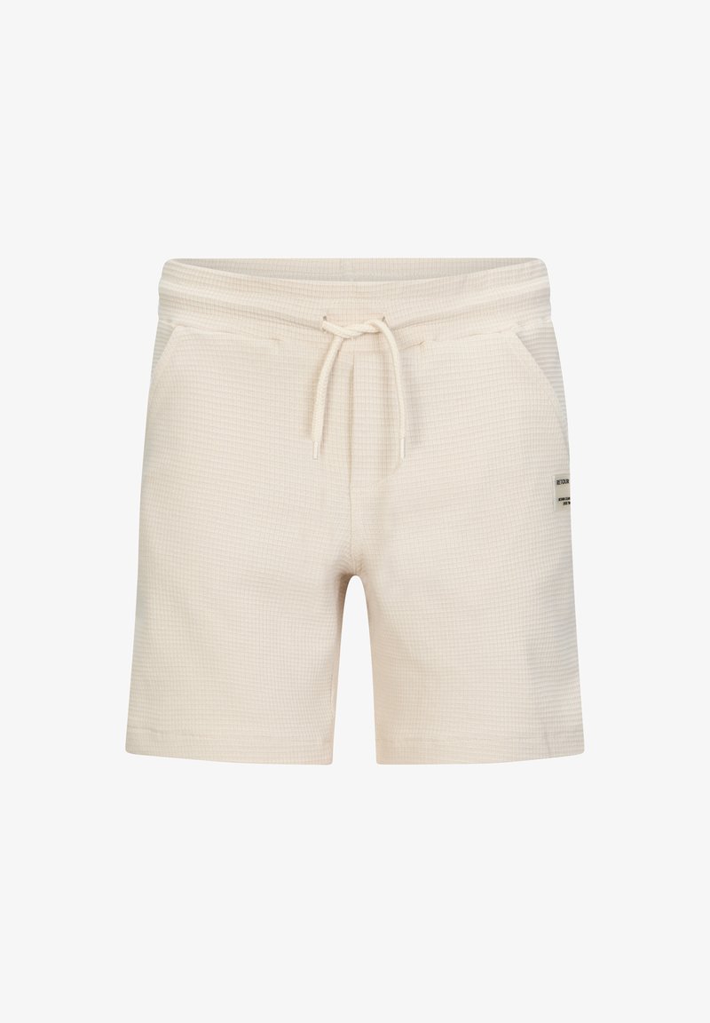 Lichte beige shorts van textuurstof, met een elastische tailleband met drawstring, twee zijzakken en een klein merkje.