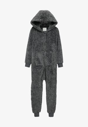 Grijze, pluizige onesie met capuchon, voorzien van een ritssluiting, lange mouwen, twee zakken aan de voorkant en geribbelde boorden aan het einde van de armen en benen.