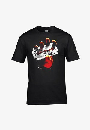 T-shirt nera in cotone con una grafica che rappresenta una mano che stringe una lama di rasoio, con il testo "Judas Priest" e "British Steel" in colori vivaci.
