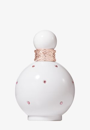 Round white perfume bottle with pink gem accents and textured rose gold neck, topped with a smooth spherical white cap.