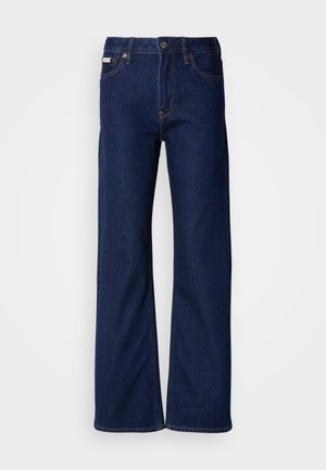 Donkerblauwe denim broek met een wijde pijpdesign, een rechte snit, vijf zakken en een ritsluiting aan de voorkant. Stikseldetails langs de naden.