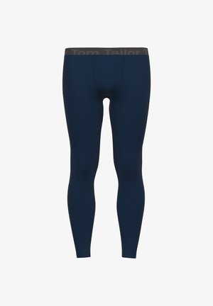 Marineblauwe thermoleggings met een gladde textuur. Kenmerkt zich door een donkere tailleband met de opdruk "Tom Tailor." Strak zittend ontwerp voor comfort.