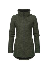 Veste en polaire de mi-longueur de couleur verte avec un col haut, une fermeture éclair et des manches longues ; elle présente un logo discret sur la poitrine.