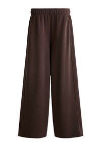 Weite Hosen aus glattem, dunkelbraunem Stoff. Mit einem elastischen Bund ohne sichtbare Verschlüsse. Einfaches und minimalistisches Design.