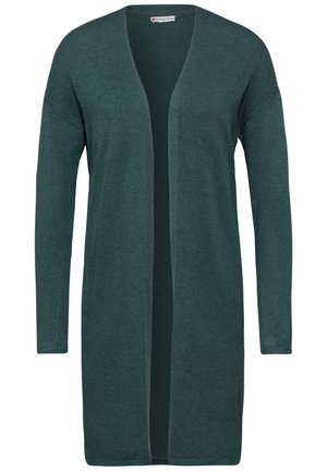 Cardigan long à devant ouvert de couleur bleu sarcelle foncé, fabriqué en tissu doux. Il possède de longues manches et une coupe décontractée, sans boutons ni motifs.