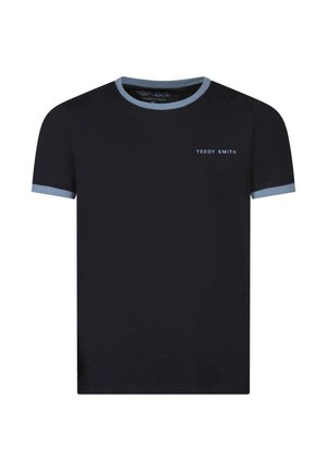 T-shirt noir à manches courtes avec un liseré bleu clair sur le col et les manches, arborant un petit texte "Teddy Smith" sur le côté gauche de la poitrine.