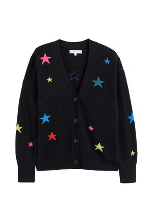 Cardigan noir avec des étoiles brodées multicolores en rose, bleu, jaune et rouge, avec un col en V et six boutons noirs.