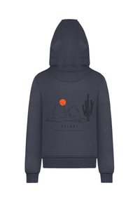Navy hooded sweatshirt featuring a graphic design of a desert landscape with a cactus and sun. Made from soft, textured fabric.