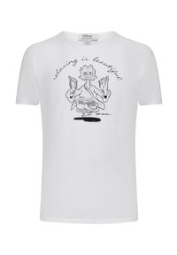 Weißes Baumwoll-T-Shirt mit einem grafischen Motiv eines meditierenden Charakters und dem Text "Entspannung ist schön" darüber in einer handgeschriebenen Schrift.