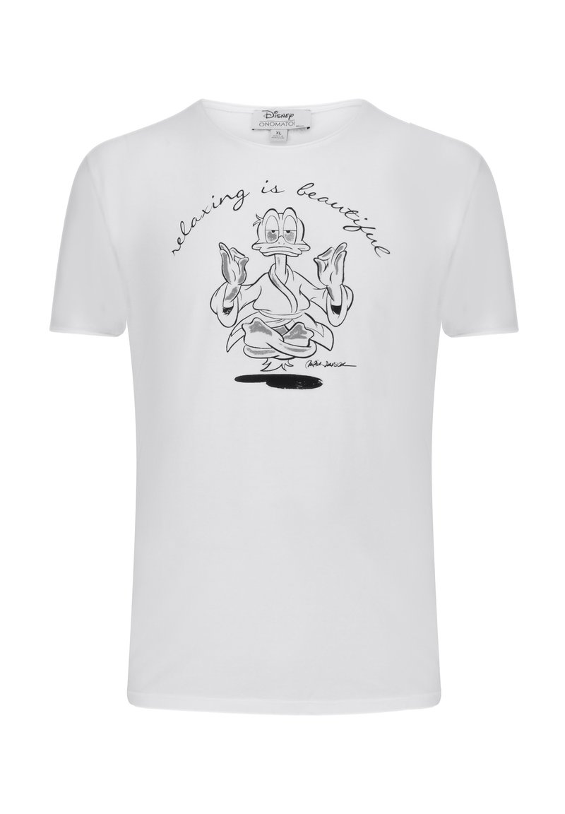 Weißes Baumwoll-T-Shirt mit einem grafischen Motiv eines meditierenden Charakters und dem Text "Entspannung ist schön" darüber in einer handgeschriebenen Schrift.
