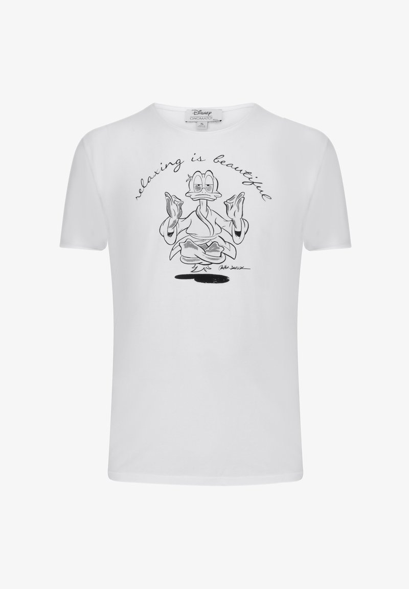 Weißes Baumwoll-T-Shirt mit einem grafischen Motiv eines meditierenden Charakters und dem Text "Entspannung ist schön" darüber in einer handgeschriebenen Schrift.