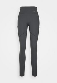 Leggings noirs taille haute en matière extensible, dotés de poches latérales, d'une silhouette ajustée et de détails de couture le long des jambes.