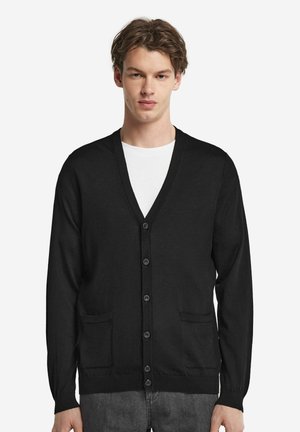 Sort cardigan lavet af strikstof, med V-hals, frontknaplukning og to frontlommer. Glat tekstur med ribbede manchetter.