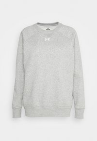 Sudadera de manga larga gris claro con cuello redondo, puños y dobladillo de canalé, y logotipo blanco de Under Armour centrado en el pecho.