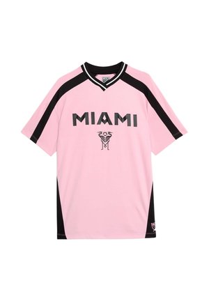 Maglia da calcio di Miami rosa e nera con maniche corte, strisce nere sulle spalle e logo di Miami sotto il testo audace "MIAMI".