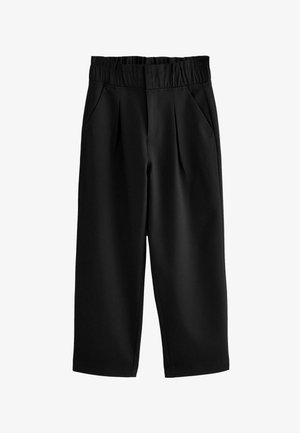 Fekete, bő szárú nadrág, elasztikus derékkal, két oldalsó zsebbel és sima, texturált anyaggal, elöl enyhe redőzéssel.