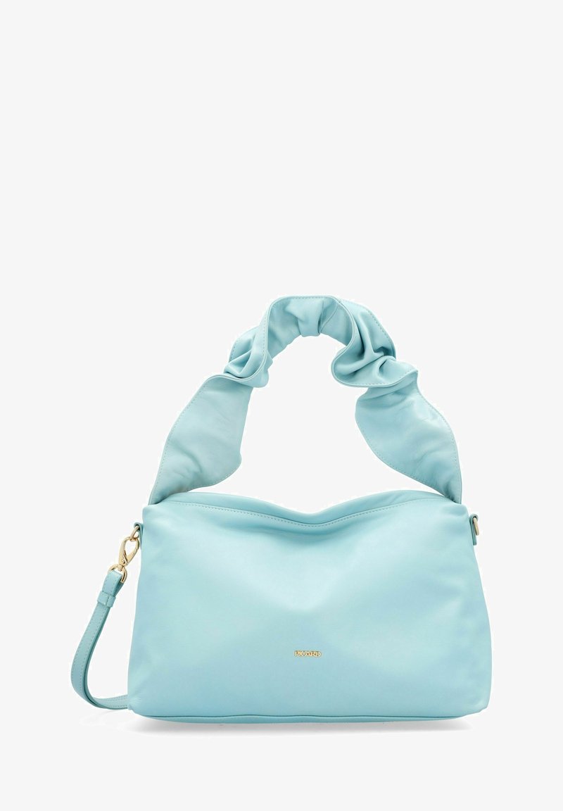 Light blue soft leather handbag with a gathered strap, smooth texture, slightly curved shape, and gold logo detail on the front.