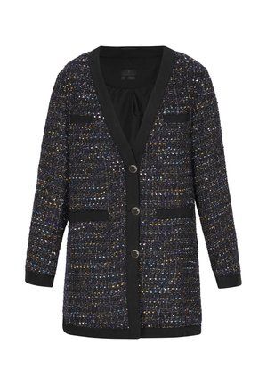 Cardigan noir en maille avec des accents de fil métallique, présentant un col en V, deux poches avant et des fermetures à boutons. Manches texturées de longueur mi-montante.