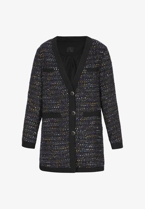 Črn pleten kardigan z metalnimi niti, z V-izrezom, dvema sprednjima žepoma in gumbnimi zapiranji. Teksturirane, srednje dolge rokave.