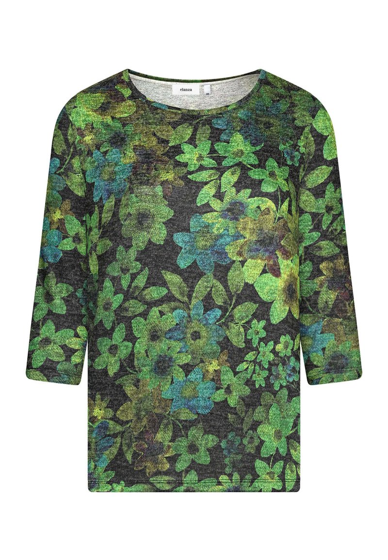 Dreiviertelarm-Oberteil aus strukturiertem Stoff mit dunklem Hintergrund, verziert mit grünen und blauen Blumenmustern.