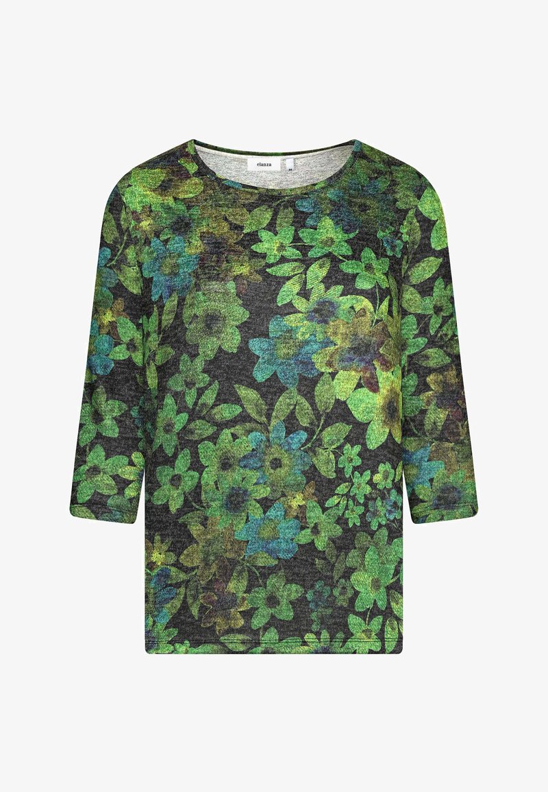 Dreiviertelarm-Oberteil aus strukturiertem Stoff mit dunklem Hintergrund, verziert mit grünen und blauen Blumenmustern.