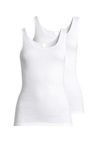 White cotton tank tops with wide shoulder straps and scoop necklines. They feature a fitted design and smooth texture, sold as a pair.