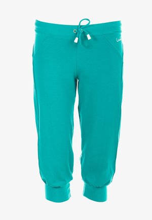 Pantaloni da tuta teal con cintura elastica, cordino e orli a costina. Realizzati in tessuto morbido con tasche laterali e un discreto dettagli di branding.