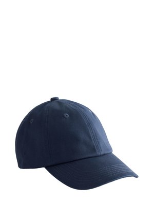 Navy blue baseball cap with curved brim and stitched ventilation eyelets on top, displayed on a white background.