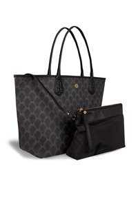 Black tote bag with quilted pattern, braided handles, and a detachable black pouch with gold hardware. Smooth texture and structured design.