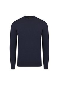 Granatowy sweter z dzianiny z okrągłym dekoltem, długimi rękawami oraz ściągaczami przy mankietach i u dołu. Gładka faktura, prosty design i brak widocznych wzorów.