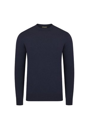 Granatowy sweter z dzianiny z okrągłym dekoltem, długimi rękawami oraz ściągaczami przy mankietach i u dołu. Gładka faktura, prosty design i brak widocznych wzorów.