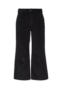 Zwarte fluwelen broek met flared pijpen, voorzien van een knoopsluiting, voorkruiden en een zachte textuur. Het ontwerp heeft een klassieke pasvorm en brede benen.
