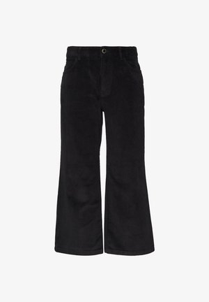 Pantalons évasés en velours côtelé noir avec une fermeture à bouton, des poches avant et une texture douce. Le design comprend une coupe classique et des jambes larges.