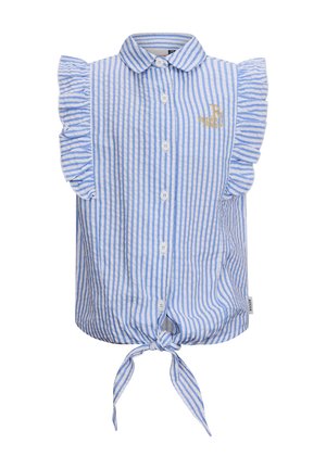 Camicetta senza maniche a righe blu e bianche con dettagli in ruffles, chiusura con bottoni e orlo annodato. Presenta un logo sul petto.