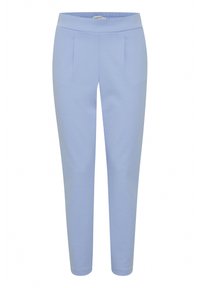 Helle blaue Hose mit glatter Textur, ausgestattet mit einem elastischen Bund, zwei Fronttaschen und einem schmal zulaufenden Bein design.
