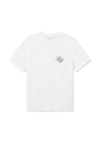Camiseta de algodón blanca con cuello redondo y mangas cortas. Presenta un pequeño logo negro "LD" en la zona izquierda del pecho. Textura suave.