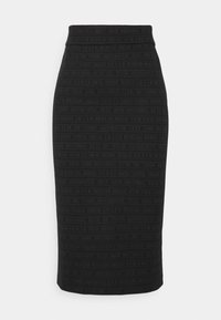 Zwarte knielange rok met een gestructureerd, herhaald patroon van merkgerelateerde tekst. Hoog in de taille met een slanke, figuurvormende pasvorm.