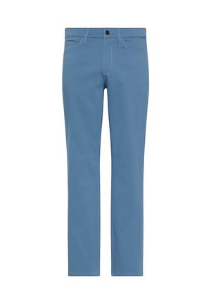 Pantalon bleu à jambes droites avec poches avant, passants pour ceinture et fermeture par bouton à la taille.